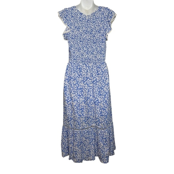 Lost + Wander Pick Me Blue Floral Print Midi Dress smocked size small prarie - Picture 4 of 11